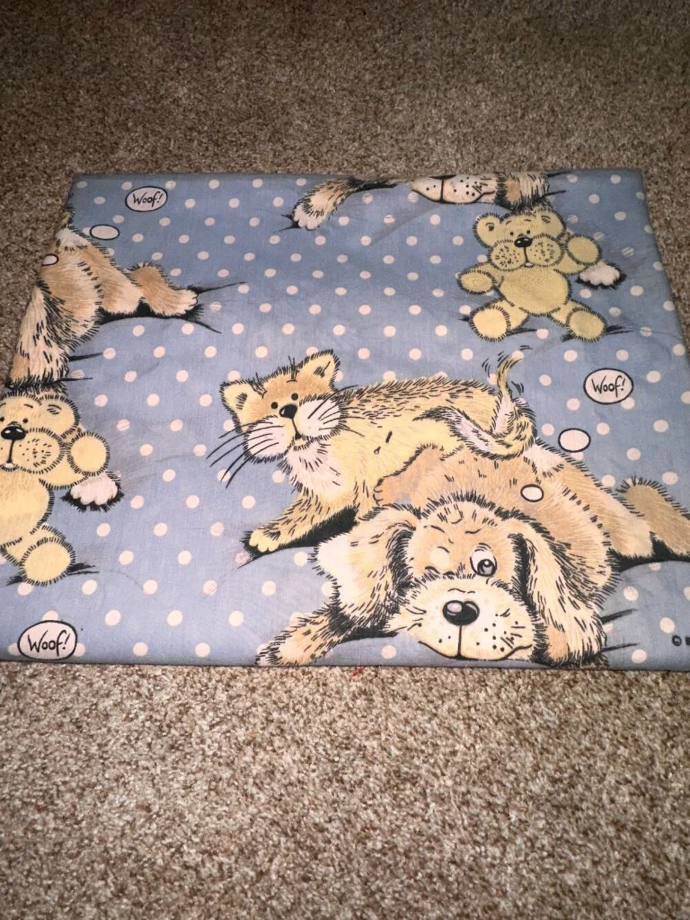 Vintage Sue Hall Snatch the Dog Cat Bear Twin Flat Sheet ONLY blue fabric 1987